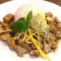 Ginger caramel vegan chicken (tofu and seitan with rice) at Saigon Lotus in Toronto