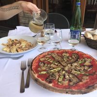 Verdure pizza without cheese with extra mushrooms and vegetarian papardella with porcini at Picchio Rosso in Agerola