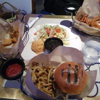 burgers (OK) with fries (regular) and two tacos (small portion!) at Crate in Miami
