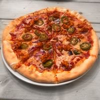 El Esapañol pizza, comes with vegan ‘chorizo’, red onion and jalapeños! at Brooklyn Pizza Bar in Northampton