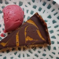 Vegan blood orange and chocolate tart with raspberry sorbet at ASK Italian in Northampton