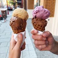 Chocolate macadamia, salted caramel seafoam, lavender. at Umaluma Dairy-Free Gelato in Vancouver