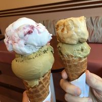 Strawberry cream and pistachio, salted caramel and pistachio  at Umaluma Dairy-Free Gelato in Vancouver