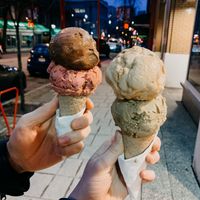 Caramel-pistachio and macadamiachoc-raspberry  at Umaluma Dairy-Free Gelato in Vancouver