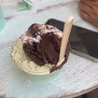 Dark chocolate sorbet, vegan pistachio and vegan stracciatella  at Vivi's Creamery in Ibiza