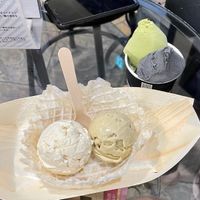 Matcha and black sesame, and pistachio and miso Yuzu vegan cheese  at Premarché Gelateria in Kyoto