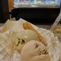 Pistacchio, brown rise salted caramel, churro in a gluten free edible cup at Premarché Gelateria in Kyoto