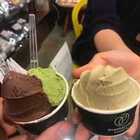 Eaten a bit, and cost ¥600! Pistachio on right, and the less tasty chocolate and matcha on the left. at Premarché Gelateria in Kyoto