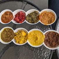 Vegan tasting meal- various stews made with lentils, potato, vegetables etc. at Café Merkama in Ballarat