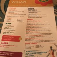 Separate vegan menu, Sept 2018 at Zapato Lounge in Northampton