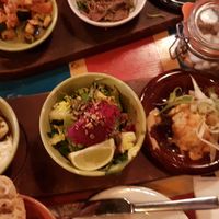 More tapas (some in pic may contain meat) supergreen bowl bottom middle was delicious at Zapato Lounge in Northampton