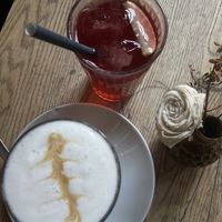 latte macchiato with almond milk; cherry hibiscus iced tea. both great  at Satt und Glücklich in Kassel