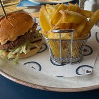 Vegan burger and chips at The Ship Inn in Caerleon