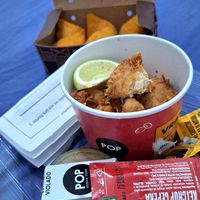 Frango vegetal frito e coxinha at Pop Vegan Food in Sao Paulo