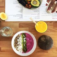 Dragon fruit smoothie bowl and mango smoothie  at Bowl in Mykonos