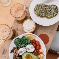 Avo Toast, Mango + Coconut Chia (vg) / Brekkie bowl(minus bacon)+haloumi  at Bowl in Mykonos