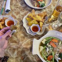 Fried vegetables, wonton, noodles and noodle soup. Fresh crispy vegetables. All good!   at Dow Vegan Restaurant in Koh Phi Phi