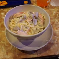 Carbonara with mushroom and mock meat sausage (tasted like frankfurter) at Dow Vegan Restaurant in Koh Phi Phi