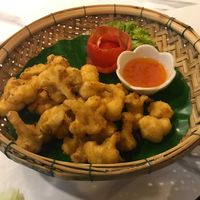 a crispy fried and breaded cauliflower plate, yum at Dow Vegan Restaurant in Koh Phi Phi