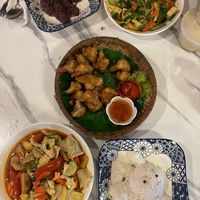 Sweet & Sour with fake chicken and boiled rice. Deep fried cauliflower. Tofu curry and brown rice    at Dow Vegan Restaurant in Koh Phi Phi