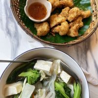 Noodles with tofu in gravy sauce (soup) and cauliflower wings  at Dow Vegan Restaurant in Koh Phi Phi