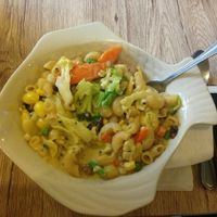 Red- curry macaroni with cereal grain at Dow Vegan Restaurant in Koh Phi Phi