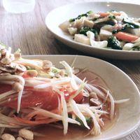 Papaya Salad and Fried Noodles  at Dow Vegan Restaurant in Koh Phi Phi