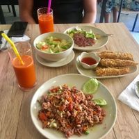 Green curry, fried baby corn and fried rice. at Dow Vegan Restaurant in Koh Phi Phi