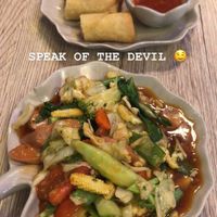 sweet & sour w veggie sausage and spring rolls.  at Dow Vegan Restaurant in Koh Phi Phi