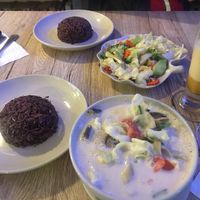 Tom ka, ginger stir fried veggies, brown rice at Dow Vegan Restaurant in Koh Phi Phi