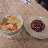 Tom ka with fake chicken and brown rice at Dow Vegan Restaurant in Koh Phi Phi