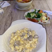 Vegan alfredo pasta and stir fry veggies with cashews at Dow Vegan Restaurant in Koh Phi Phi