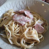 Vegan carbonara with veggie sausage at Dow Vegan Restaurant in Koh Phi Phi