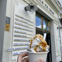Best vegan ice cream with cream and salted caramel sauce    at Tribeca Ice Cream in Berlin
