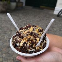 2 balls with cream, sauces and nuts. 6,5€ at Tribeca Ice Cream in Berlin