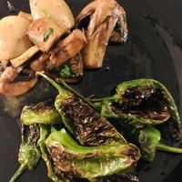 Pimientos de Padron and sautéed mushrooms  at Mundano Baleal in Ferrel