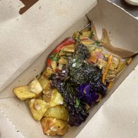 Seitan with potatoes and rice  at Chia Vegan Restaurant in Cusco
