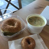 bagel sandwich, dill pickle soup with cornbread savoury donut  at Frickin' Delights Donuts in Devon