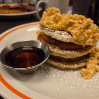 Vegan American stack - pancakes, tofu, rosti, burger, maple syrup at The Koffee Pot in Manchester