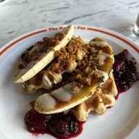 Caramelised banana waffles with Biscoff crumble and fruit  at The Koffee Pot in Manchester