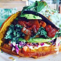 Vegan breakfast burger on vegan gluten free pumpkin waffle  at Something Good Roadhouse in Summerstrand