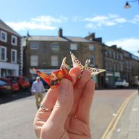 The origami birds that the lady gave us when we left  at The Origami Cafe & Gift Shop in Alnwick