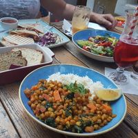 Curry (can be made vegan if asked), very tasty salad and a vegetarian burrito at Culture Club Strudla in Podgorica