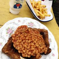 Beans on toast, skin on fries, vegan mayo at Greenwich Pantry @ Arts Cafe in South East London