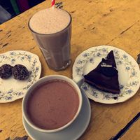Chocolate Oreo slice, soy hot chocolate, peanut protein shake, choc oat balls at Greenwich Pantry @ Arts Cafe in South East London