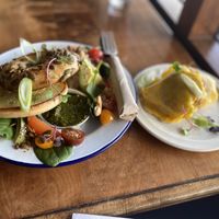 Bagel with cashew cream cheese, pesto, avo and tomato at Portershed in Christchurch