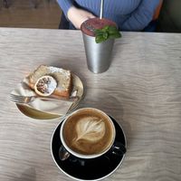 Lemon loaf, flat white and berry smoothie   at Portershed in Christchurch