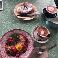 Cinnamon swirl, granola bowl and two cappuccino   at Portershed in Christchurch