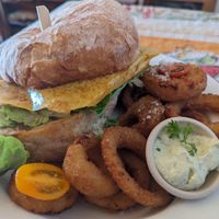Burger with onion rings at Portershed in Christchurch