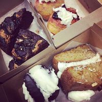 Peanut butter choc brownie, jam and cream donuts, chocolate orange muffin and carrot cake!  at Portershed in Christchurch